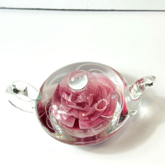 Pink Rose Glass Teapot Paperweight Dynasty Gallery Heirloom Collectible Flower - Picture 3 of 6